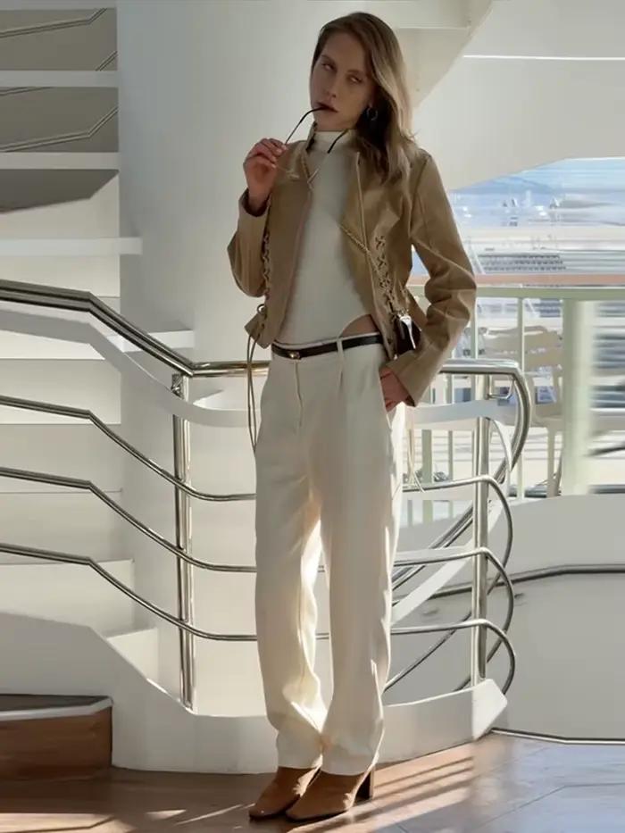 Manteau en daim pour femme automne 2026, élégant, à lacets, manches longues, simple boutonnage, col montant, veste polyvalente pour femme