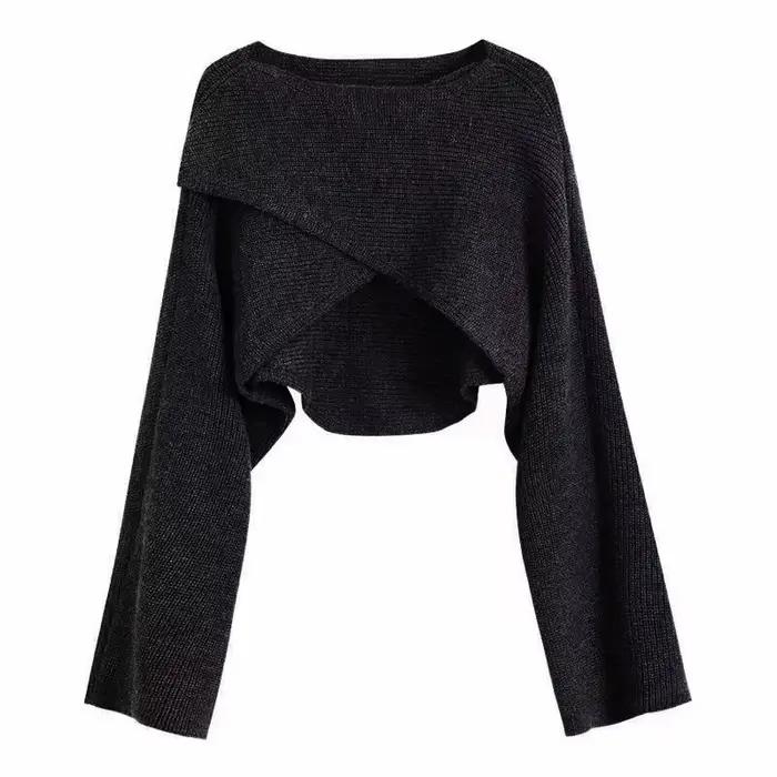Pull court Fictitni en acrylique pour femmes élégantes, automne hiver, design moderne, col rond, coupe régulière, tricot croisé, confort et distinction