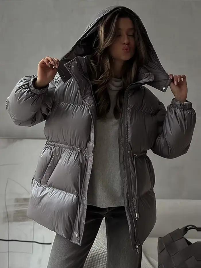 Veste mi-longue à capuche marron pour femme, manteau en coton, couleur unie, manches longues, cordon de serrage à la taille, vêtements d'extérieur chauds d'hiver