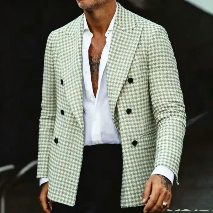 Blazer Homme en Laine Mélangée à Carreaux Pied-de-Poule, Coupe Slim, Revers, Double Boutonnage, Veste de Costume Formelle et Décontractée, pour Affaires, Mariages et Fêtes