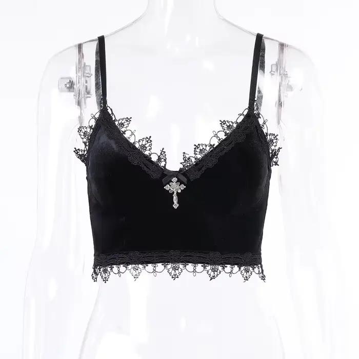 Débardeur en Velours Y2K avec Garniture en Dentelle Noire pour Femme