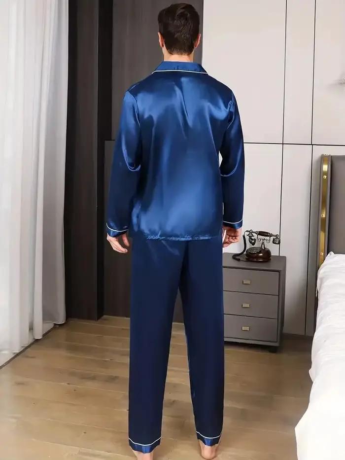 Nouveaux hommes pyjamas ensemble soie Satin vêtements de nuit pour homme chemise à manches longues Pijama mâle mode doux