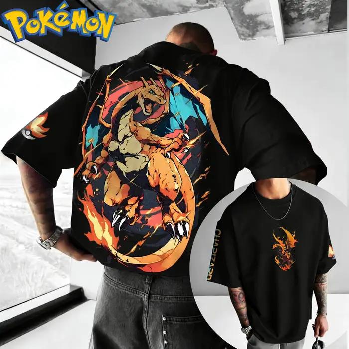 Nouveau Tshirt en coton Pokemon avec impression avant Charizard effets ailes de feu bleues et logo Poke Ball sur les manches coupe ample pour hommes et femmes occassions speciales sportives et cosplay