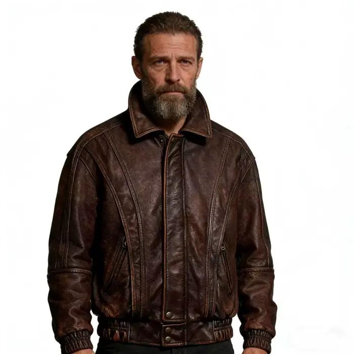 Veste en cuir vintage marron-rouge pour homme