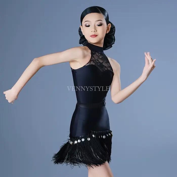 Vennystyle Vêtements de danse latine Haut en dentelle avec paillettes et jupe à franges