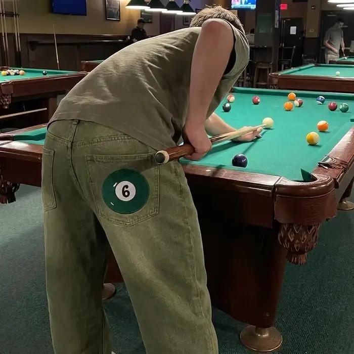 Jean Baggy Graphique Billard Y2K Vert Olive Vintage en Denim – Pantalon Streetwear Hip Hop Skater Coupe Large Oversize