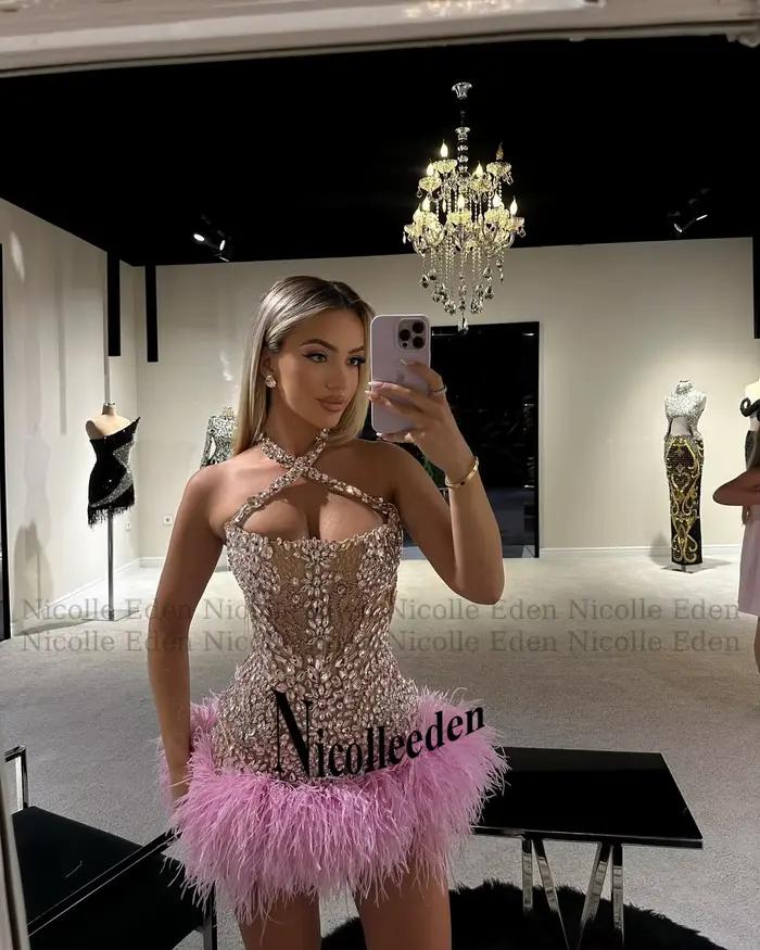 Nicolle scintillant licou robes De soirée pour les femmes strass formelle