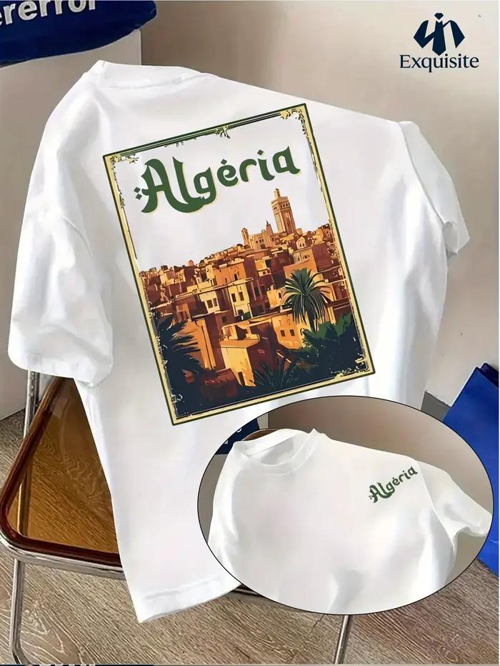 T-shirt d'été pour homme de style maghrébin avec le logo « Algérie » sur un haut à col rond respirant