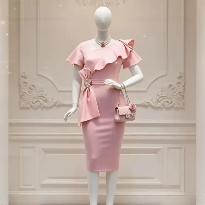 Robe rose chic pour femmes, col asymétrique, volants, manches courtes, nœud, idéale pour les rassemblements formels et les soirées cocktails