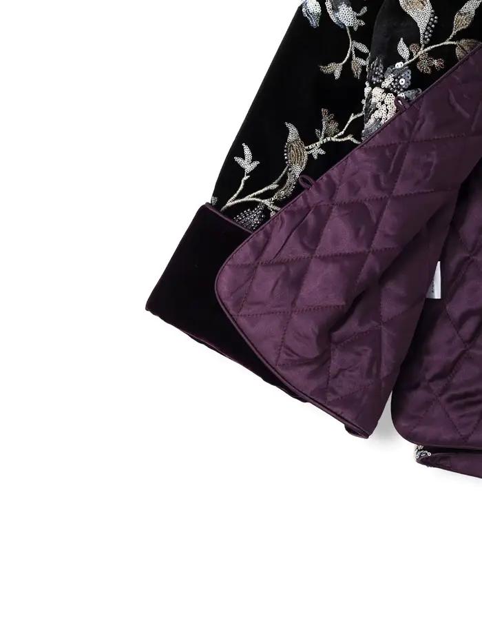 Veste courte matelassée en velours noir brodé pour femme, motif floral et oiseaux, style vintage de luxe, élégante pour l'hiver