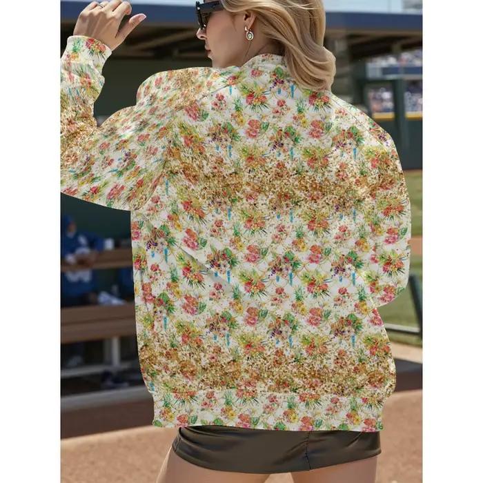 Veste de Baseball blanche pour femmes, avec motif artistique Floral multicolore, manches longues, poches, manteau décontracté, Streetwear, grande taille