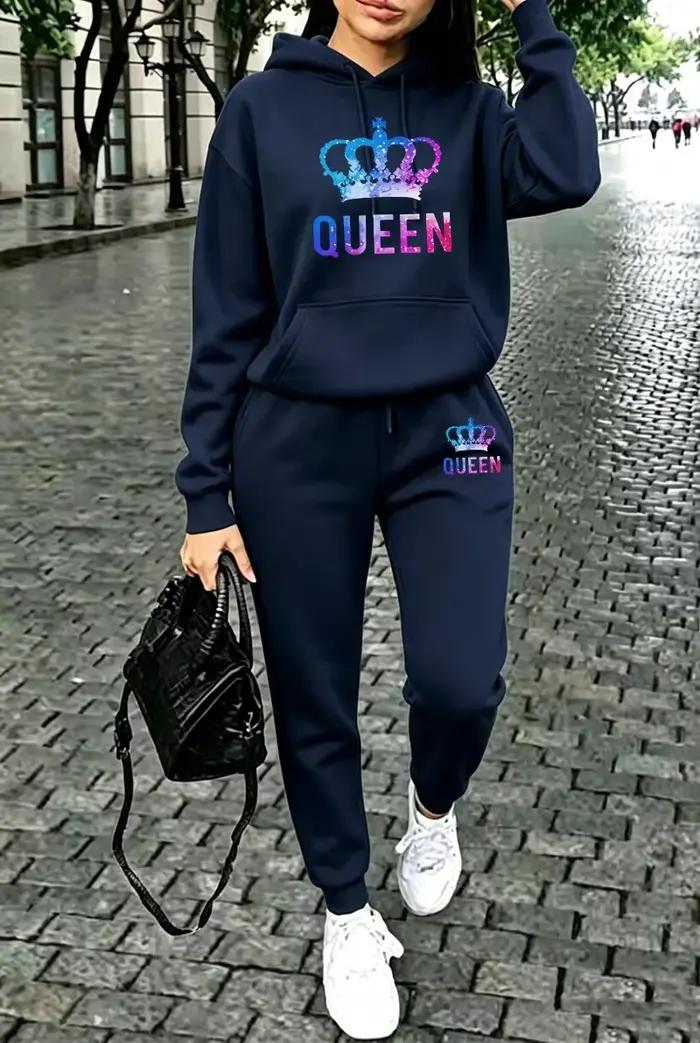 Ensemble décontracté pour femme Queen Printing : Sweat à capuche et pantalon de jogging pour sports de plein air – Collection Automne-Hiver