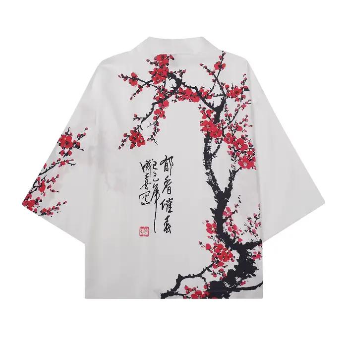 Kimono d'été imprimé floral pour hommes et femmes, chemise hawaïenne de plage, Cardigan à la mode, motif prune, peignoirs Yukata Haori