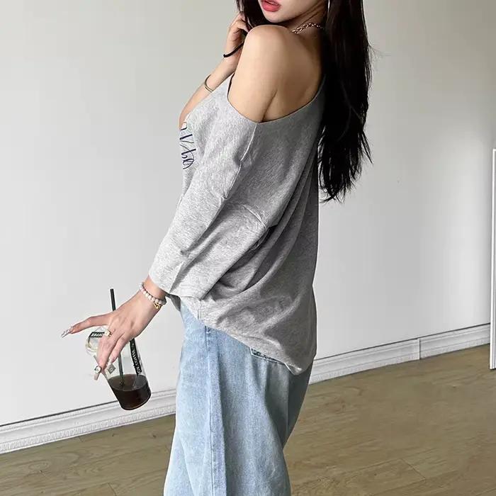 Décontracté Relax femme T-shirt lettre 2025 femmes surdimensionné une épaule hauts polyvalent rue atmosphère Style