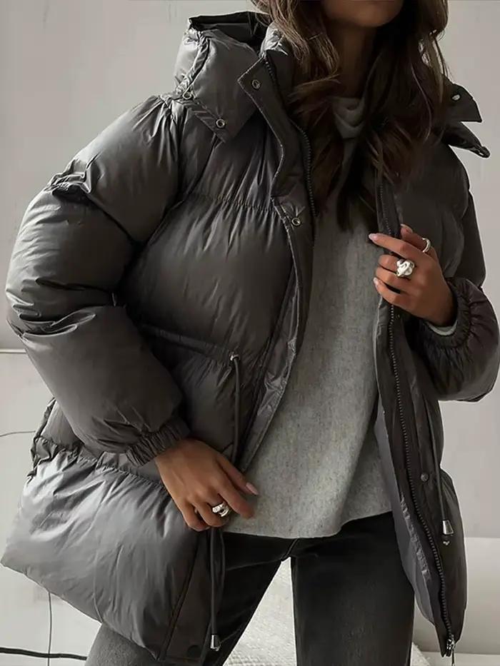 Veste mi-longue à capuche marron pour femme, manteau en coton, couleur unie, manches longues, cordon de serrage à la taille, vêtements d'extérieur chauds d'hiver
