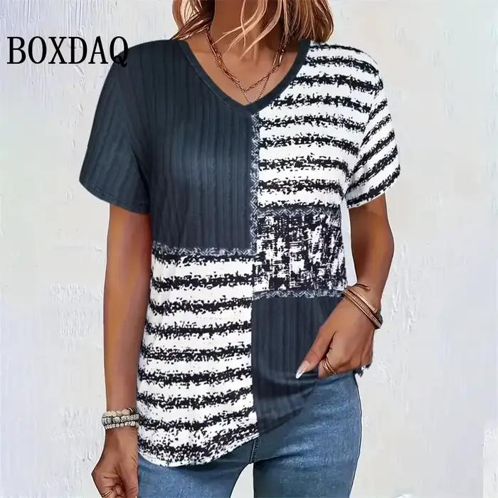 T-shirt d'été à manches courtes et col en v pour femme, haut Vintage, imprimé graphique géométrique, chemises amples, décontracté, grande taille, vêtements 8XL