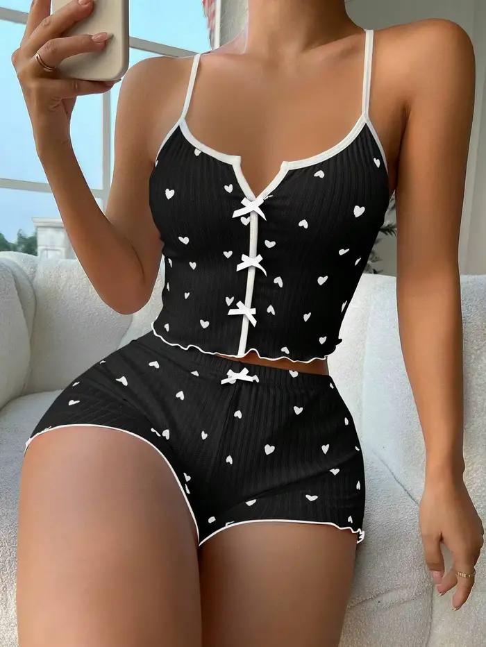 Ensemble de pyjama sexy à imprimé cœur pour femmes