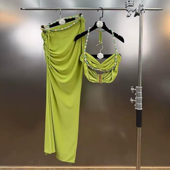KUCLUT 2026 Nouveautés Mode Ensemble Deux Pièces pour Femme : Débardeur Halter Perlé Froncé et Jupe Taille Haute