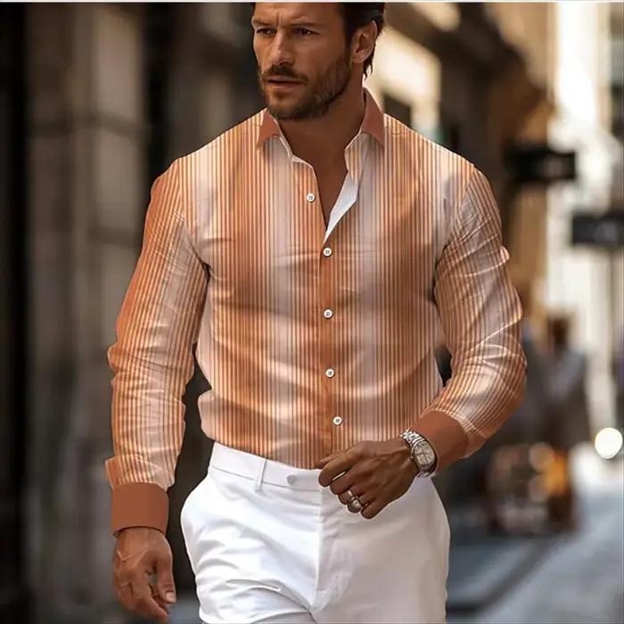 Chemises hawaïennes à motifs rayés colorés pour hommes, chemises à revers à manches longues, chemisiers en Y, robe de nuit imprimée en 3D, profitabilité, décontracté