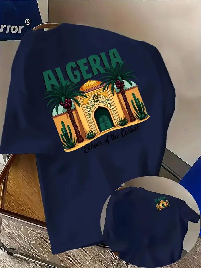 T-shirt pour homme en coton 100% à thème Algérie vibrante avec imprimé graphique architecture casbah et palmiers