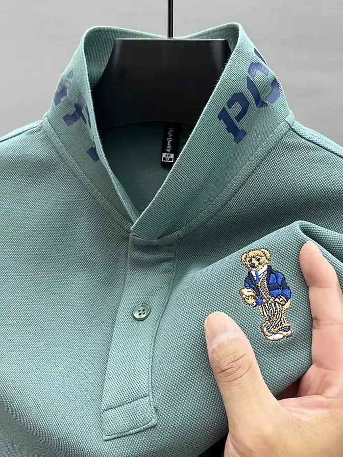 Marque de luxe 100 pur coton hommes Polo revers ours broderie à manches longues automne nouveau T-shirt affaires mode