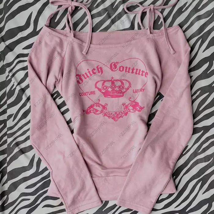 Chemise à manches longues rose avec lettres de dessin animé imprimées, slim, à la mode, esthétique,
