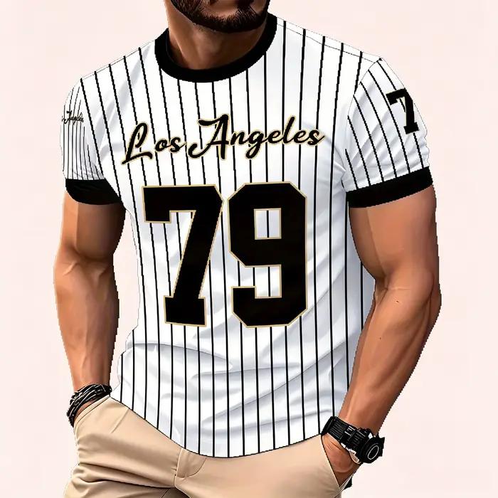 T-shirt de baseball rayé Los Angeles 79 pour homme, noir avec numéro doré, style streetwear sportif,