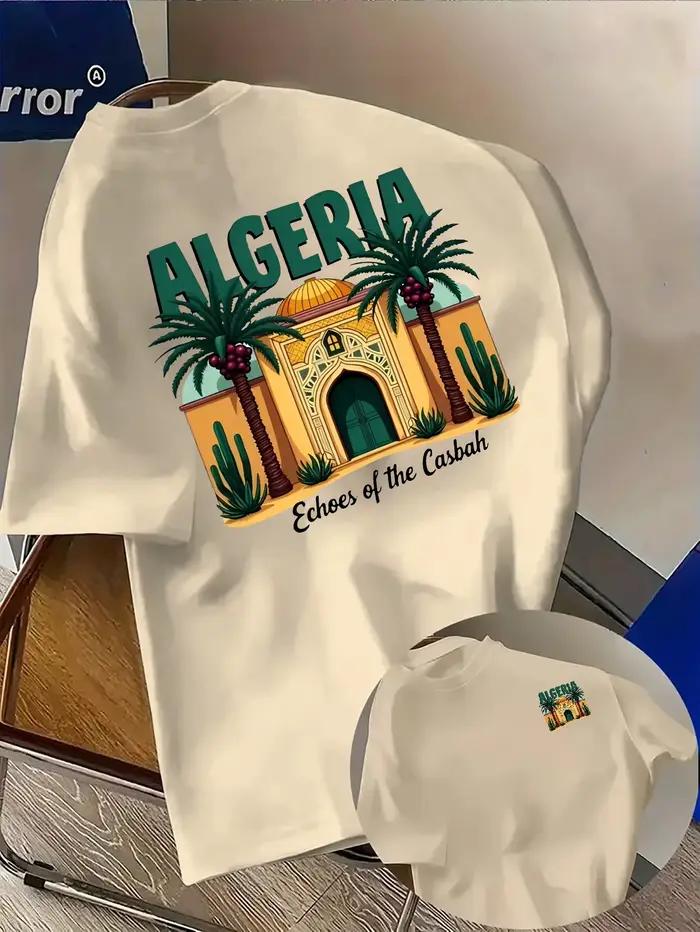 T-shirt pour homme en coton 100% à thème Algérie vibrante avec imprimé graphique architecture casbah