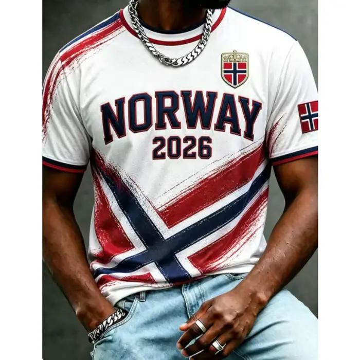 T-shirt de sport pour homme à manches courtes, style graffiti drapeau norvégien nordique, rouge, bla
