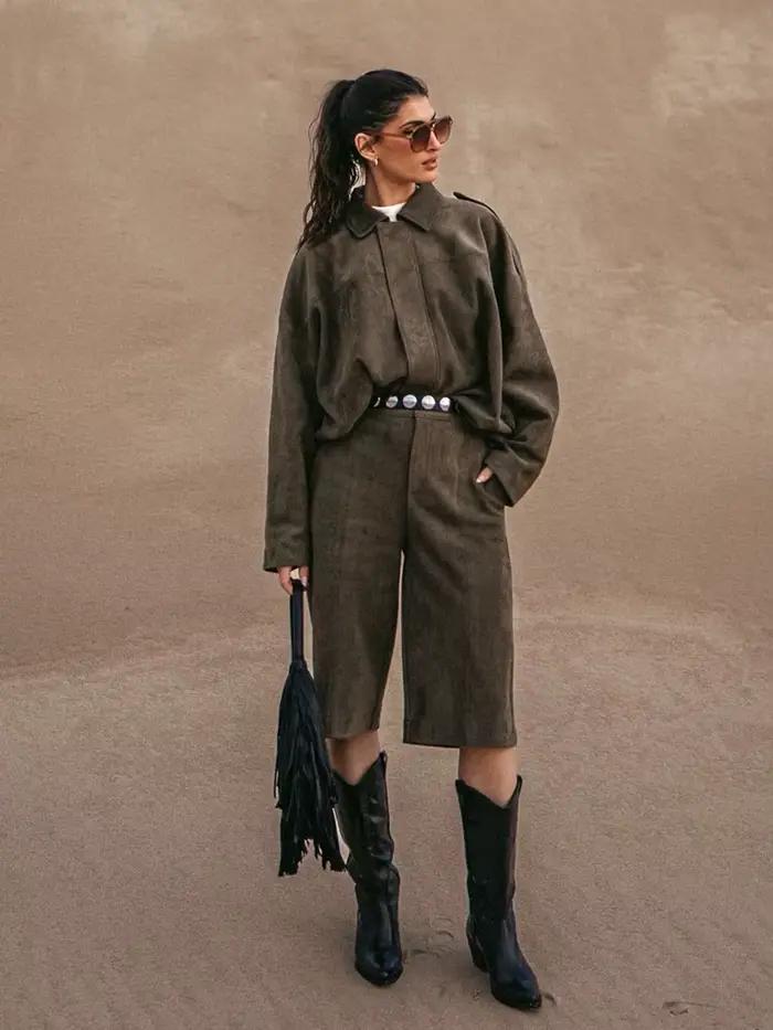 HH printemps femmes daim manteau pantalon ensembles revers fermeture éclair manches longues vestes S
