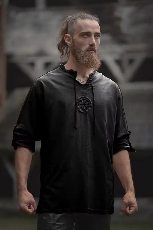 Hommes grande taille petit haut ancien Viking broderie à lacets col en V à manches longues petit hau