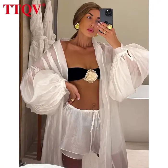 TTQV décontracté ample blanc 2 pièces ensembles femmes tenue 2025 élégant à manches longues Robes av