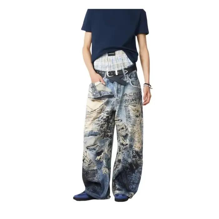 Jeans déchirés à imprimé graffiti en 3D pour hommes, coupe ample et large, pantalon long tendance, s