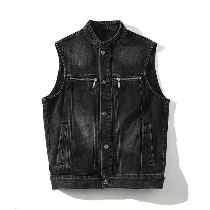 Gilet en jean délavé vintage style rétro, doublé polaire, épais, pour homme, avec double rangée de b