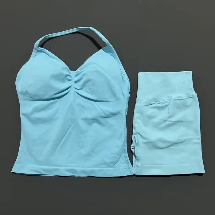Yoga 2 pièces ensemble de gymnastique femmes dos nu haut à licou taille haute sans couture Shorts co
