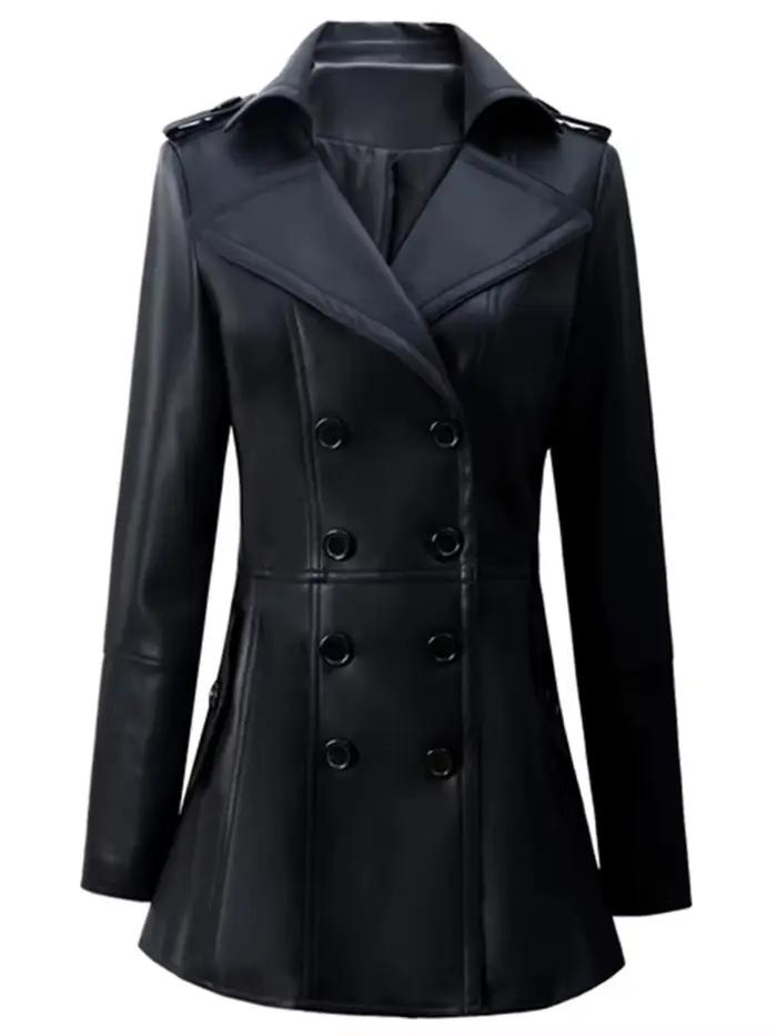 Mauroicardi printemps ajusté jupe noire doux Faux cuir Blazer veste femmes Double boutonnage élégant