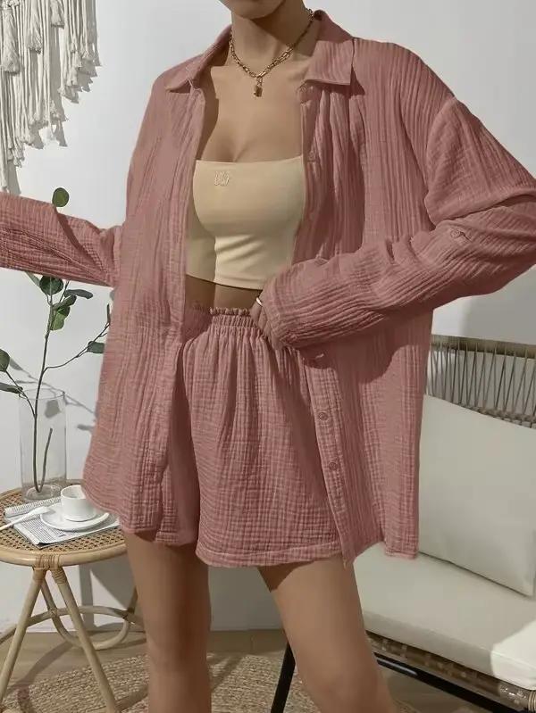 Ensembles deux pièces en mousseline de gaze de coton pur pour femmes, chemises à manches longues et