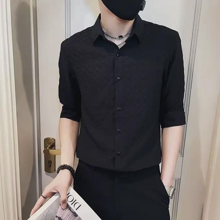 Chemise Slim à Carreaux pour Homme, Vêtement d'Été Solide, à Col Rabattu, Décontracté, Coréen, Demi