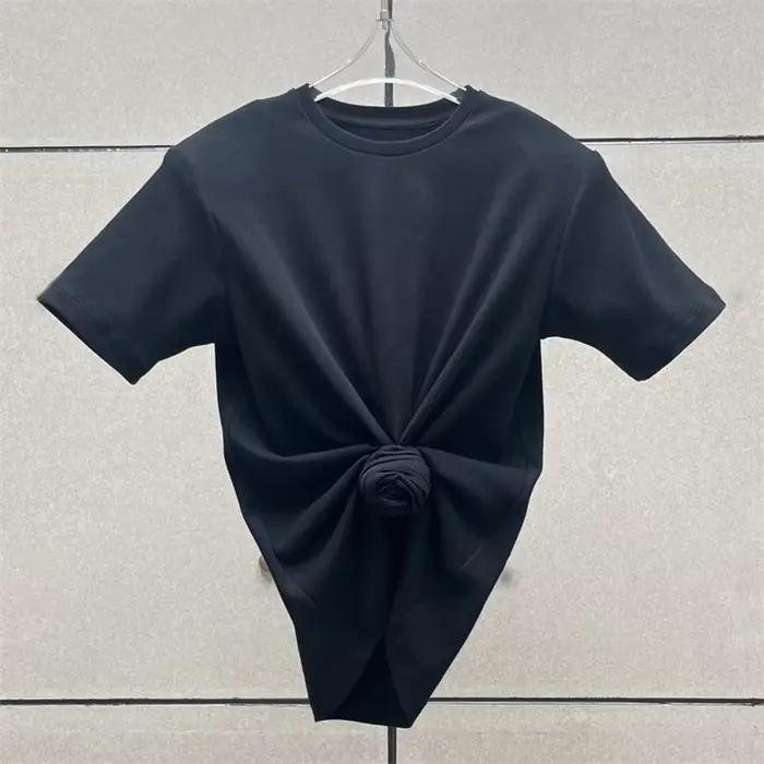 T-shirt femme nouveau élastique tricoté coupe ajustée col rond haut à manches courtes pour l'été 202