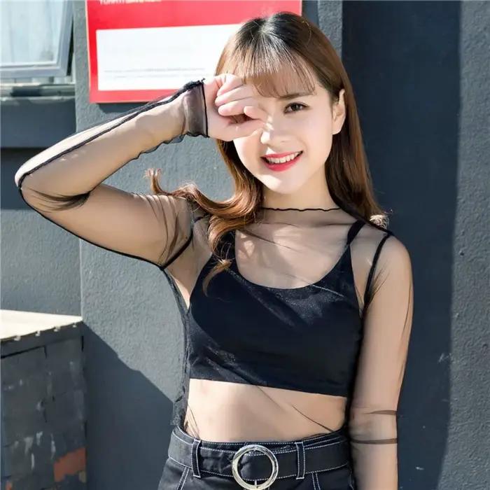 Transparent dentelle T-shirt maille résille à manches longues maille dames hauts Blouses pure noir T