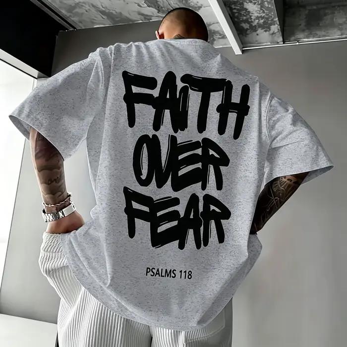 T-shirt surdimensionné double face pour homme « Faith Over Fear Psalms 118 », gris chiné avec texte