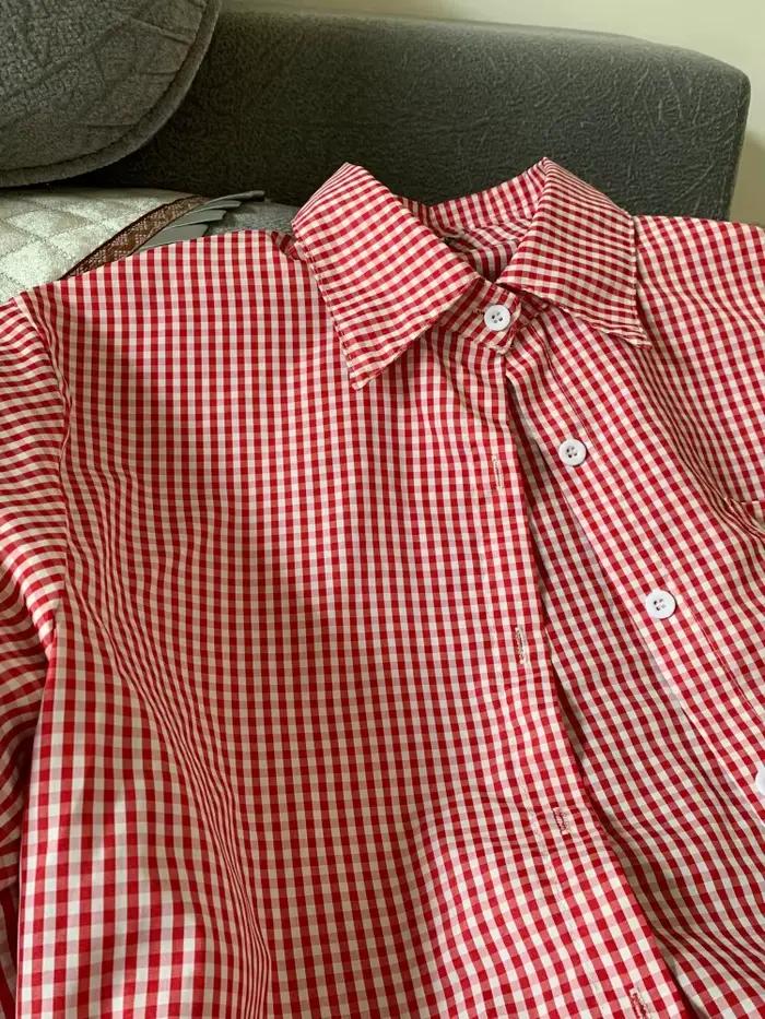 Chemisier décontracté ample à carreaux rouges pour femme, manches longues, collection Printemps-Été