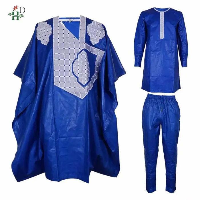 Vêtements africains bleus H&D pour hommes, vêtements traditionnels brodés, ensemble 3 pièces Bazin R