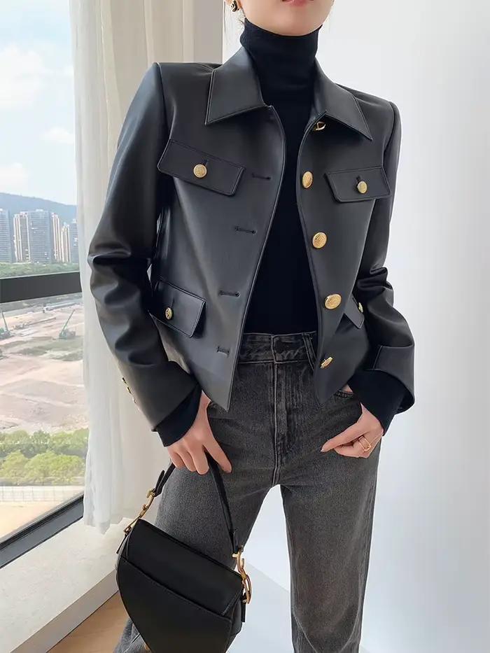 Lautaro-Veste en cuir PU noir pour femme avec boutons dorés, piste à manches longues, mode européenn