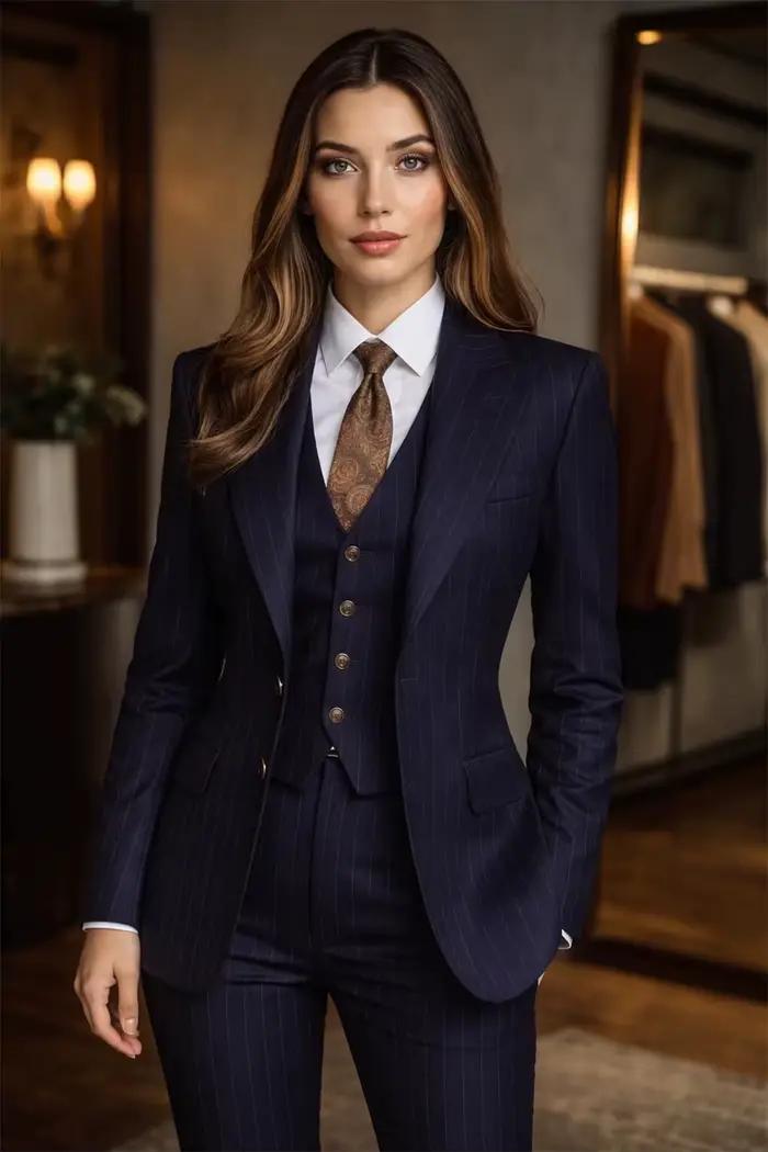 Costume rayé bleu marine pour femme, 3 pièces, pour le bureau, chic, à la mode, rayé (veste + gilet