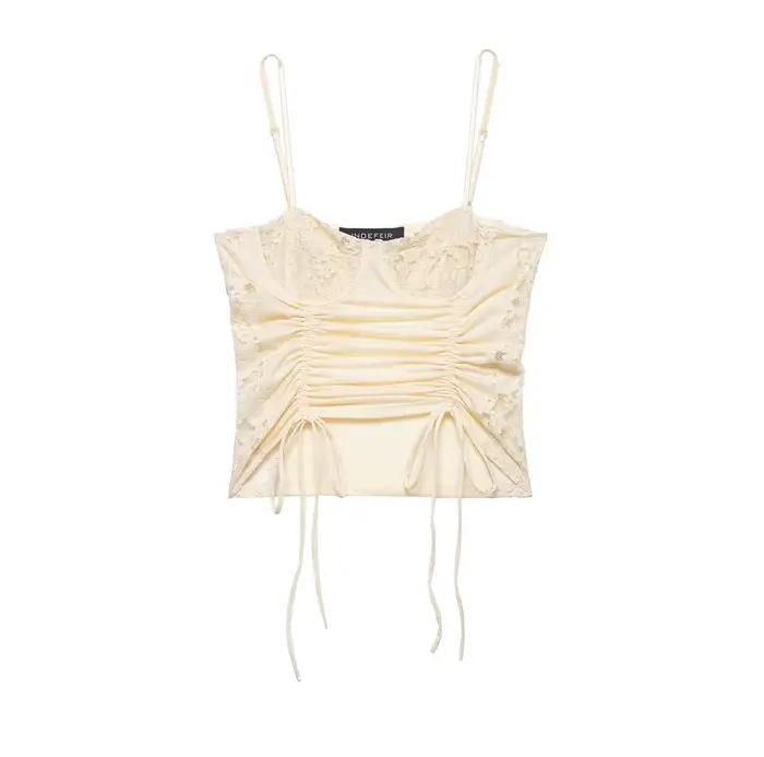 HH – haut en satin froncé avec cordon de serrage en dentelle pour femmes, camisole courte à fines br