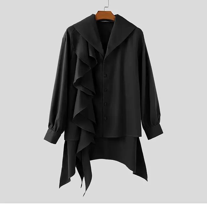 INCERUN hommes chemise irrégulière couleur unie revers à manches longues à volants hommes vêtements