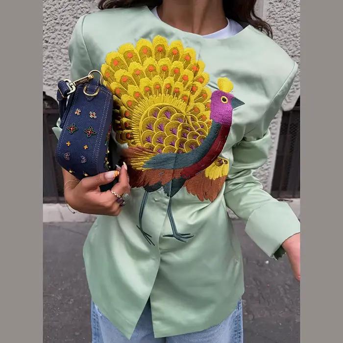 Blazer Femme 2026 – Veste Décontractée de Luxe à Broderie Paon, Manches Longues Amples, Style Urbain