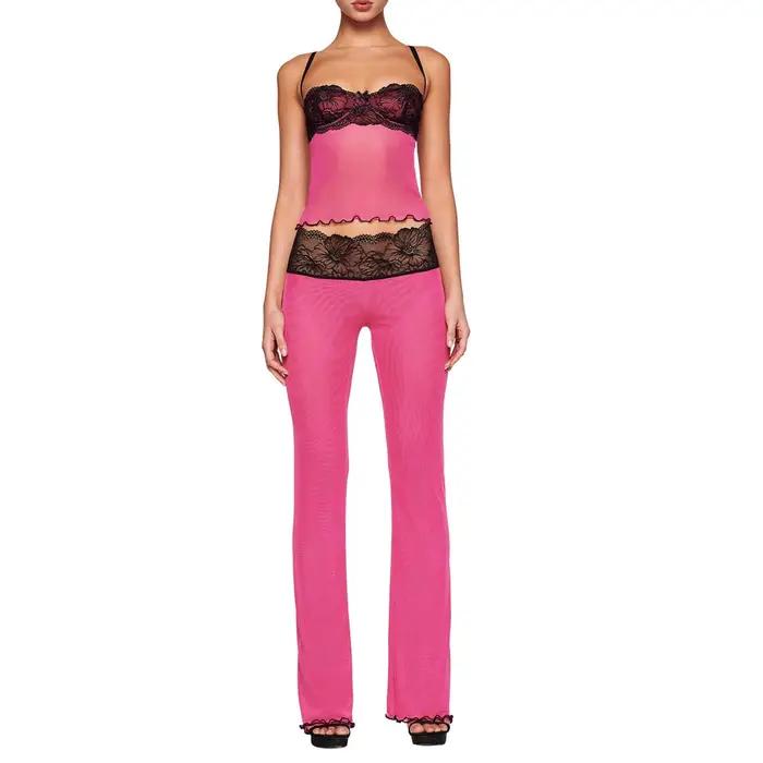 Gaono – ensemble pyjama transparent Y2k pour femmes, bretelles Spaghetti, haut court en dentelle, pa