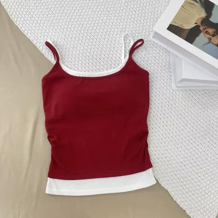 Débardeur Camisole Faux Deux Pièces Patchwork Doux, Coupe Ajustée, Crop Top Sans Manches, Sous-vêtem